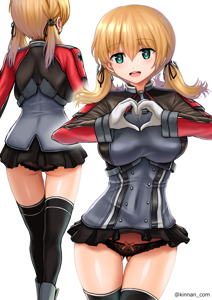 1girl :d aqua_eyes black_legwear black_panties black_skirt blonde_hair eyebrows_visible_through_hair gloves hair_between_eyes heart heart-shaped_pupils heart_hands highres kantai_collection kinnan long_hair long_sleeves low_twintails microskirt military military_uniform multiple_views open_mouth panties pleated_skirt prinz_eugen_(kantai_collection) simple_background skirt smile symbol-shaped_pupils thigh-highs twintails twitter_username underwear uniform white_background white_gloves