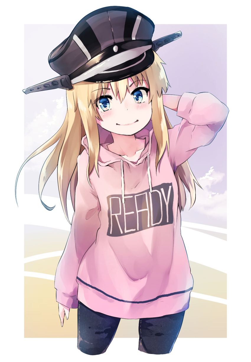 1girl alternate_costume bangs bismarck_(kantai_collection) black_headwear black_pants blonde_hair blue_eyes blush closed_mouth clothes_writing collarbone cropped_legs drawstring eyebrows_visible_through_hair hair_between_eyes hand_behind_head hand_up hat highres hood hood_down hoodie kantai_collection long_hair long_sleeves pants peaked_cap pink_hoodie smile solo taisho_(gumiyuki) younger