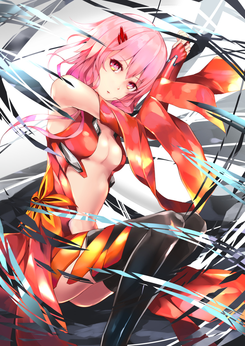 1girl absurdres bare_shoulders center_opening detached_sleeves fingerless_gloves gloves guilty_crown hair_ornament hairclip highres kie_(yospcd) looking_at_viewer pink_hair red_eyes solo thigh-highs twintails yuzuriha_inori