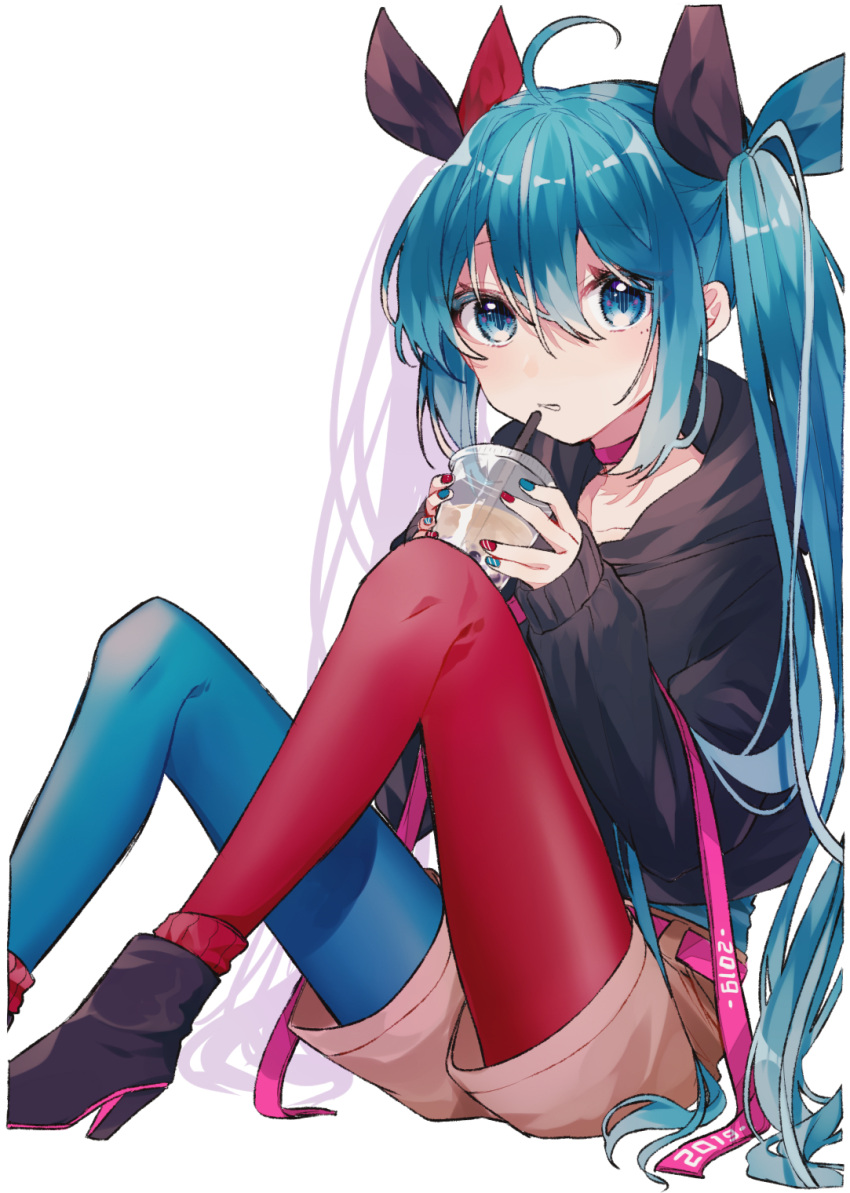 1girl ahoge ankle_boots bangs belt black_bow black_hoodie blue_eyes blue_hair blue_legwear boots bow brown_shorts bubble_tea cha_sakura choker collarbone commentary_request cup disposable_cup drink eyebrows_visible_through_hair feet_out_of_frame hair_between_eyes hair_bow high_heel_boots high_heels highres holding holding_cup hood hood_down knees_up long_hair long_sleeves multicolored multicolored_nails nail_polish original pantyhose parted_lips pink_choker red_legwear short_shorts shorts simple_background sitting sleeves_past_wrists solo two-tone_legwear very_long_hair white_background