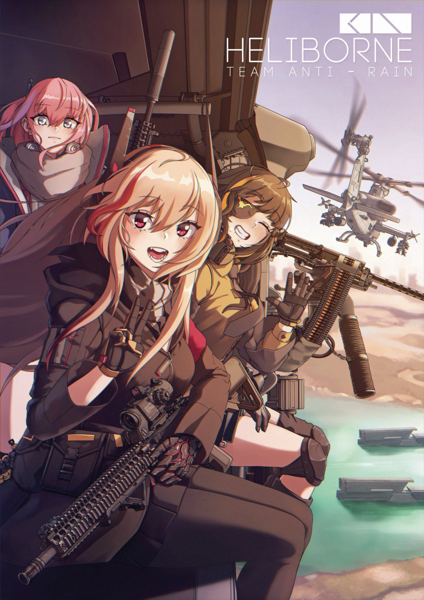 3girls ah-1z_viper ammunition ammunition_belt ar-15 artist_request bandana city cityscape eyepatch girls_frontline gloves gun highres knee_pads m16a1_(girls_frontline) m4_sopmod_ii m4_sopmod_ii_(girls_frontline) machine_gun multiple_girls pose rifle river scope ship smile st_ar-15_(girls_frontline) suppressor v watercraft waving weapon