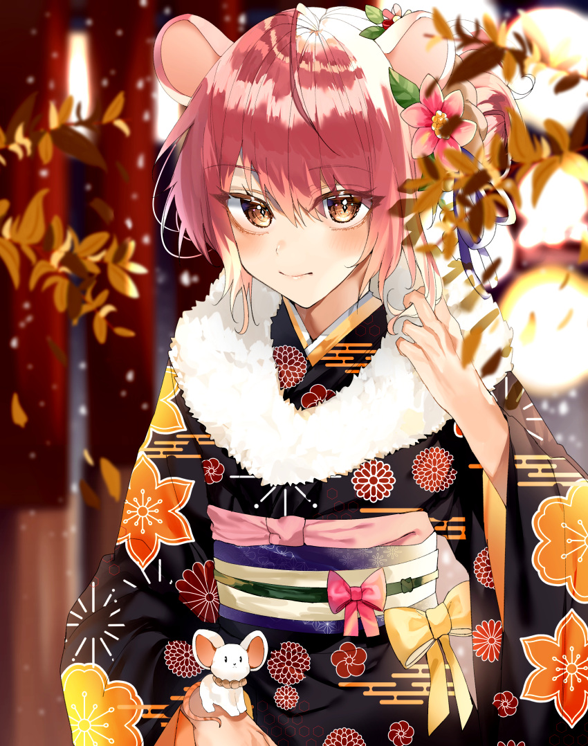 1girl absurdres animal_ears bangs black_kimono blurry blurry_background commentary copyright_request eyebrows_visible_through_hair floral_print flower fur_trim hair_flower hair_ornament highres japanese_clothes kanniepan kimono mouse mouse_ears pink_flower pink_hair solo
