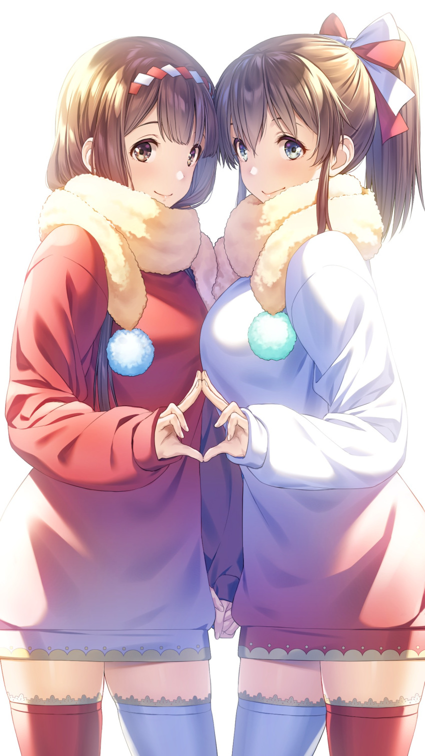 2girls absurdres bangs blue_eyes blue_legwear blush bow breasts brown_eyes closed_mouth commentary_request cowboy_shot dress fur_scarf gradient_clothes hair_bow hairband highres holding_hands idolmaster idolmaster_million_live! large_breasts long_hair long_sleeves looking_at_viewer mismatched_legwear multicolored multicolored_clothes multiple_girls nanaran ponytail red_legwear satake_minako scarf short_hair sidelocks simple_background sleeves_past_wrists smile sweater sweater_dress tanaka_kotoha tareme thigh-highs two-tone_bow two-tone_hairband white_background yellow_scarf zettai_ryouiki