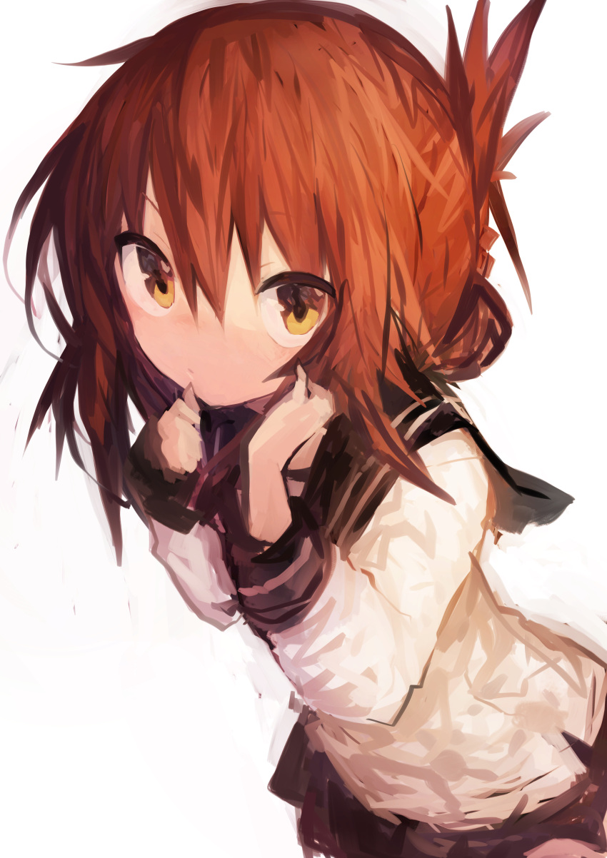 1girl absurdres bangs black_sailor_collar black_skirt brown_hair closed_mouth folded_ponytail hair_between_eyes highres inazuma_(kantai_collection) kaamin_(mariarose753) kantai_collection pleated_skirt ponytail sailor_collar school_uniform serafuku simple_background skirt solo white_background yellow_eyes