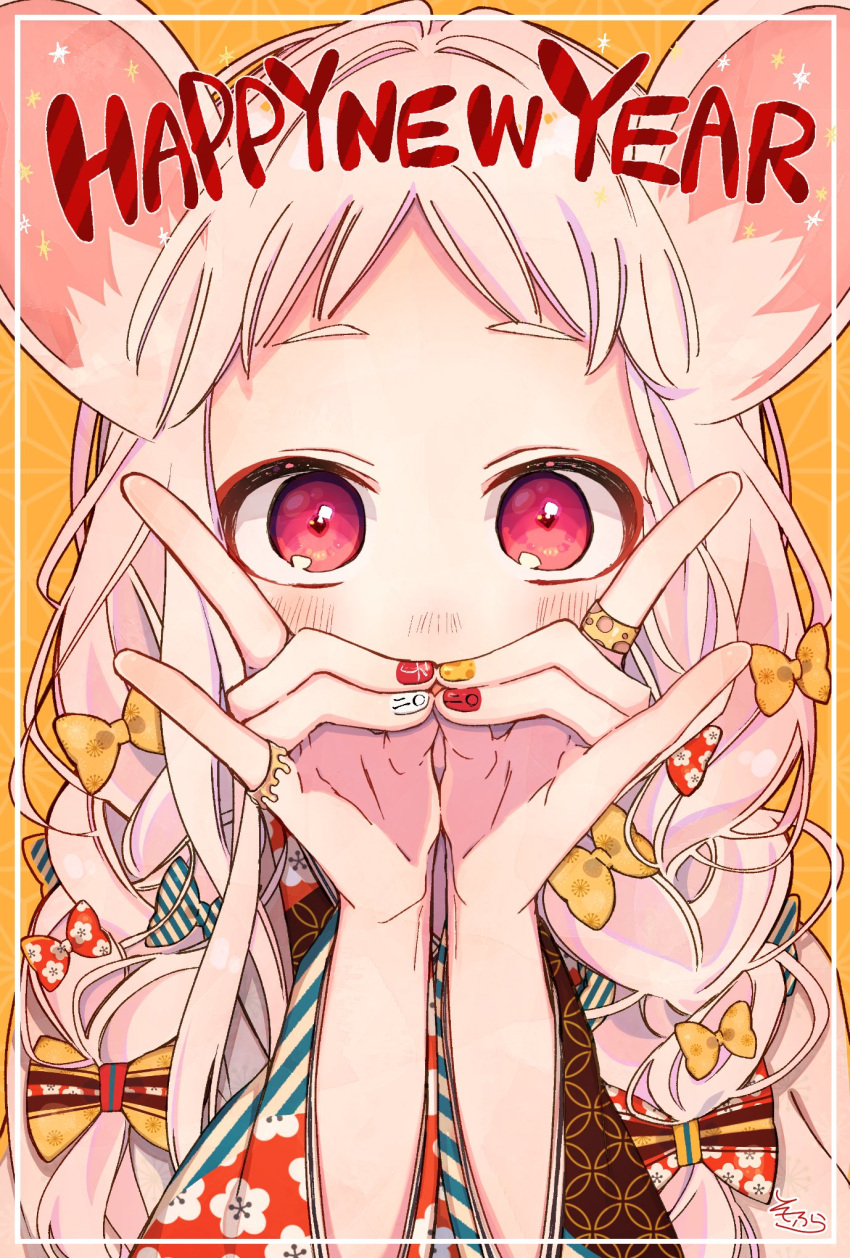 1girl animal_ear_fluff animal_ears blush bow brown_bow commentary_request covered_mouth diagonal-striped_bow diagonal_stripes fingernails floral_print forehead hair_bow hands_up happy_new_year highres japanese_clothes jewelry kimono long_hair long_sleeves mouse_ears nail_art nail_polish new_year original print_bow print_kimono red_bow red_eyes ring signature silver_hair sofra solo star striped striped_bow upper_body wide_sleeves