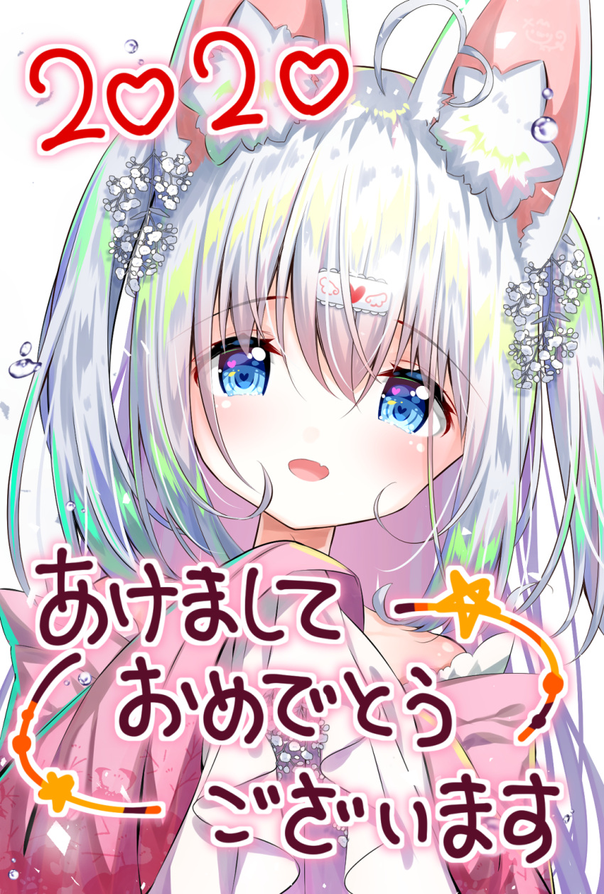 1girl 2020 :d ahoge animal_ear_fluff animal_ears bangs blue_eyes commentary_request copyright_request eyebrows_visible_through_hair fang flower hair_between_eyes hair_flower hair_ornament hand_up heart heart-shaped_pupils heart_ahoge highres japanese_clothes kimono long_hair long_sleeves looking_at_viewer open_mouth pink_kimono sawa_(sawasaku) silver_hair sleeves_past_wrists smile solo star symbol-shaped_pupils translation_request virtual_youtuber white_background white_flower wide_sleeves