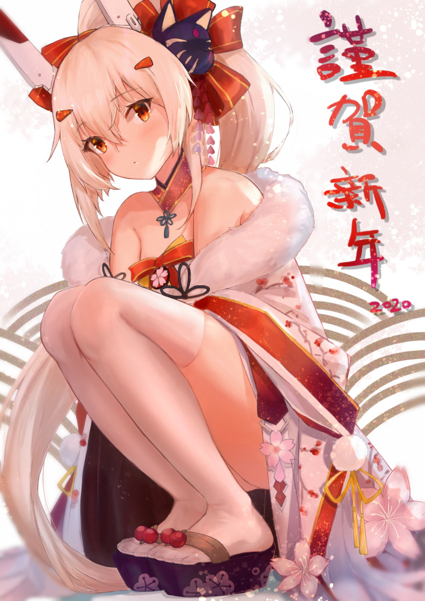 1girl 2020 absurdres ayanami_(azur_lane) azur_lane bare_shoulders blonde_hair cat_mask commentary expressionless floral_print full_body hair_between_eyes hair_ribbon headgear highres japanese_clothes kimono legs long_hair looking_at_viewer mikazukicrescent new_year ponytail red_eyes red_ribbon ribbon sandals solo squatting thigh-highs thighs translation_request white_kimono white_legwear