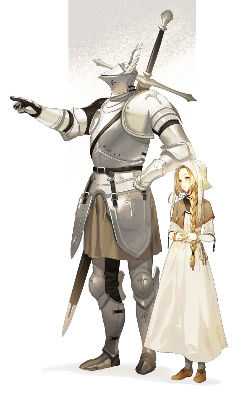 1boy 1girl armor blonde_hair braid commentary dress fantasy full_body greatsword hand_on_hip height_difference helmet highres keemu_(occhoko-cho) long_hair original plate_armor pointing standing white_background