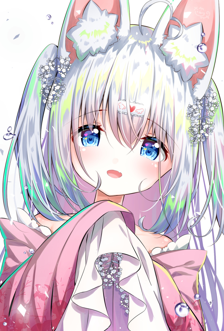 1girl :d ahoge animal_ear_fluff animal_ears bangs blue_eyes copyright_request eyebrows_visible_through_hair fang flower hair_between_eyes hair_flower hair_ornament hand_up heart heart-shaped_pupils heart_ahoge highres japanese_clothes kimono long_hair long_sleeves looking_at_viewer open_mouth pink_kimono sawa_(sawasaku) silver_hair sleeves_past_wrists smile solo symbol-shaped_pupils virtual_youtuber white_background white_flower wide_sleeves