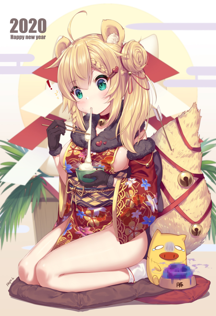 ! 1girl 2020 absurdres akai_haato animal_ears arrow artist_name bangs bell black_gloves blonde_hair blue_eyes blush breasts censored chopsticks commentary_request detached_sleeves eating eyebrows_visible_through_hair food fur gloves green_eyes hair_ornament hairclip happy_new_year heart highres holding holding_chopsticks hololive japanese_clothes kimono kneeling large_breasts long_hair mosaic_censoring neps-l new_year pig red_kimono ribbon solo tail virtual_youtuber