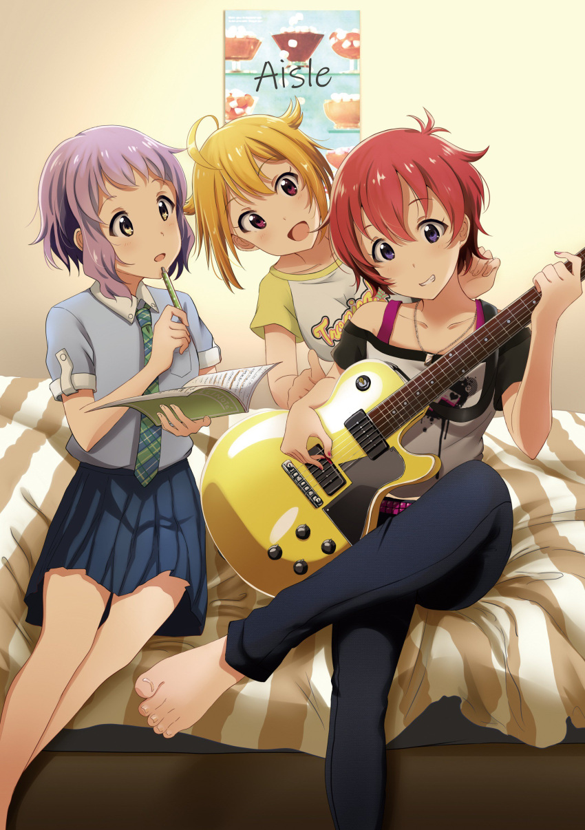 3girls absurdres ahoge barefoot bedroom belt blonde_hair blue_eyes denim grin guitar highres holding holding_instrument holding_notebook holding_pen ibuki_tsubasa idolmaster idolmaster_million_live! indoors instrument jeans jewelry julia_(idolmaster) makabe_mizuki multiple_girls nail_polish necklace necktie on_bed pants pen plaid plaid_skirt plectrum purple_hair red_nails redhead school_uniform shiokazunoko short_hair sitting sitting_on_bed skirt smile studded_belt yellow_eyes