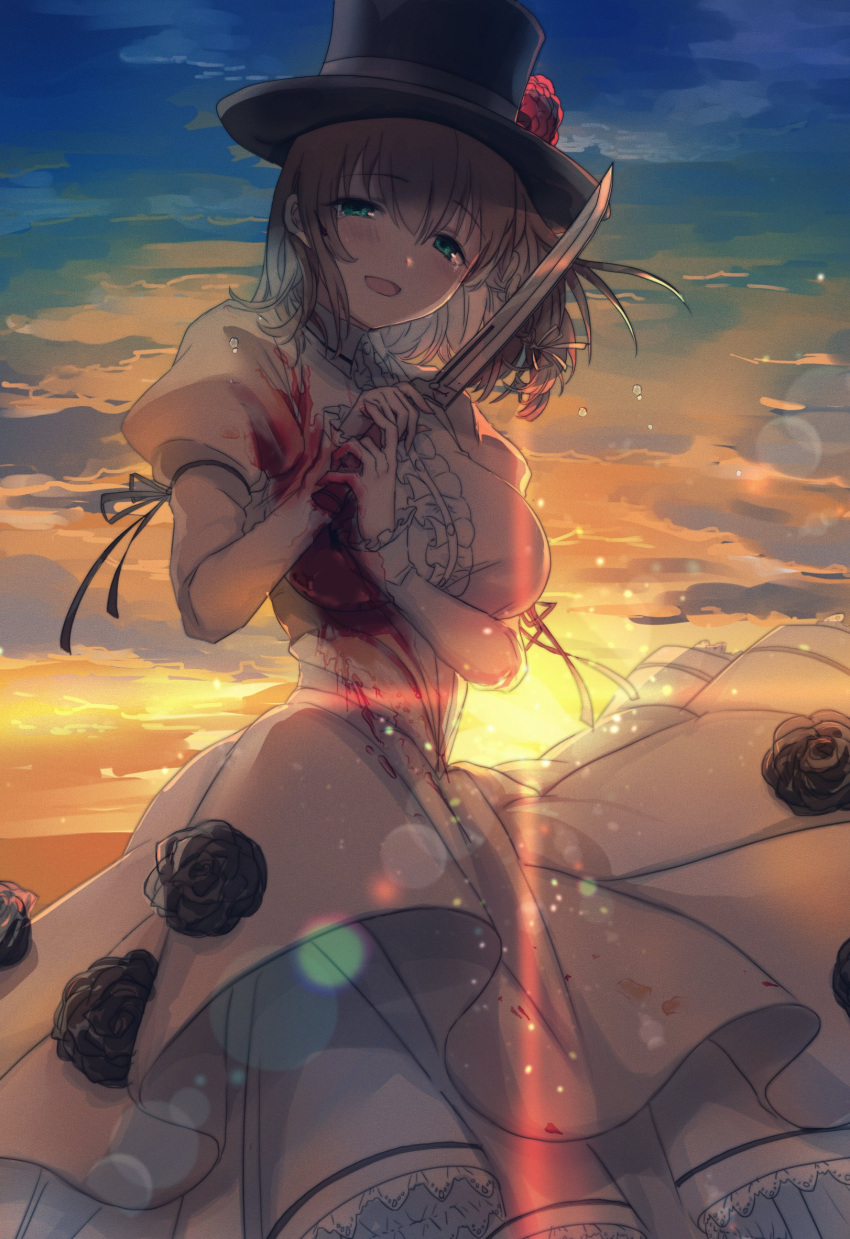 1girl akebono_kt blood bloody_clothes braid breasts brown_hair charlotte_corday_(fate/grand_order) dress fate/grand_order fate_(series) green_eyes hat highres injury knife large_breasts long_dress smile sunset tears