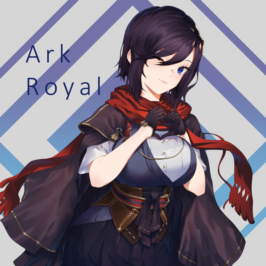 1girl absurdres alternate_costume ark_royal_(azur_lane) ark_royal_(new_year's_protectress)_(azur_lane) azur_lane black_hair blue_eyes breasts character_name eyebrows_visible_through_hair gloves heart heart_hands highres japanese_clothes large_breasts one_eye_closed scarf shinidei short_hair solo