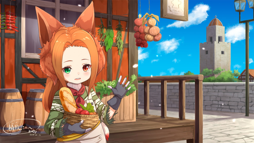 1girl ame. animal_ears apron baguette bangs barrel basket black_gloves blue_sky bread brick_wall building chili_pepper clouds commentary_request dated day final_fantasy final_fantasy_xiv fingerless_gloves food forehead gloves green_eyes green_shirt grey_apron hand_up heterochromia lalafell lamppost long_hair long_sleeves onion orange_hair outdoors parted_bangs parted_lips railing red_eyes shirt signature sky solo tower upper_body upper_teeth window