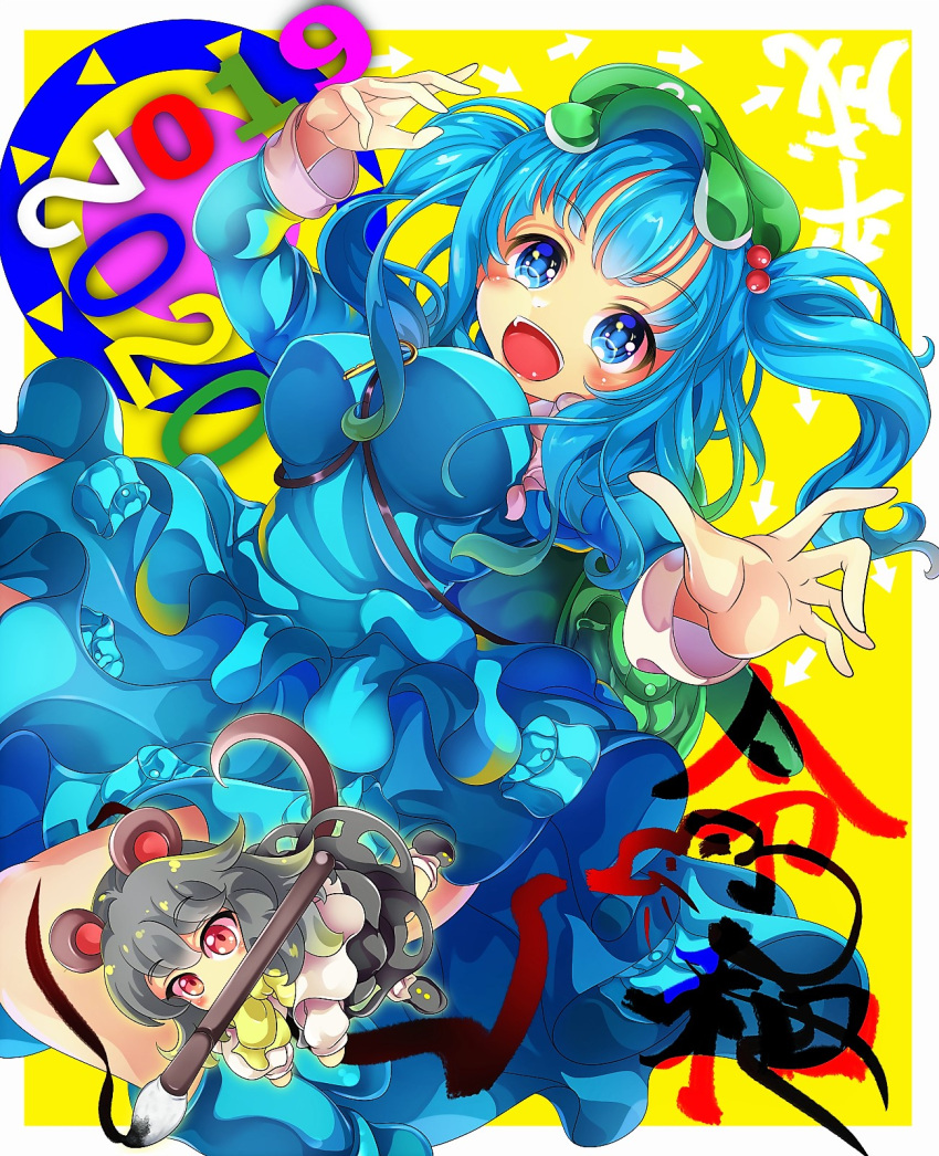 2019 2020 2girls :d animal_ears arms_up blue_eyes blue_footwear blue_hair blue_shirt blue_skirt blush boots bow bowtie breasts calligraphy_brush capelet chibi commentary_request directional_arrow dress eyebrows_visible_through_hair flat_cap folded_leg frilled_shirt frilled_skirt frills green_headwear grey_dress grey_footwear grey_hair hair_bobbles hair_ornament hat highres kana_(user_rkuc4823) kawashiro_nitori key large_breasts long_sleeves looking_at_viewer mouse_ears mouse_tail mouth_hold multiple_girls nazrin new_year open_mouth paintbrush red_eyes rubber_boots shirt short_hair skirt skirt_set smile strap tail touhou two_side_up yellow_background yellow_neckwear