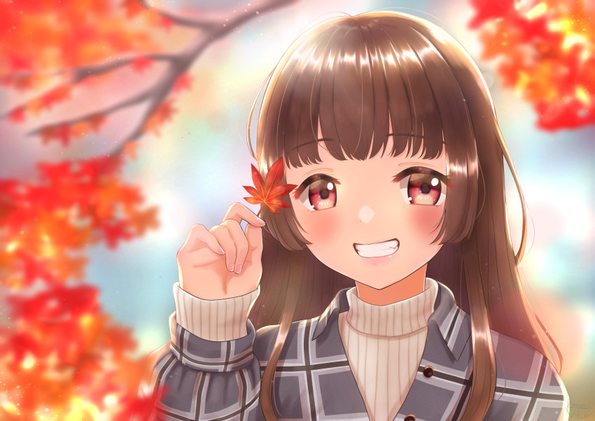 1girl absurdres autumn_leaves blurry blurry_background brown_hair day hand_up highres leaf long_hair looking_at_viewer maple_leaf miiki1hima original outdoors parted_lips red_eyes smile solo sweater upper_body white_sweater