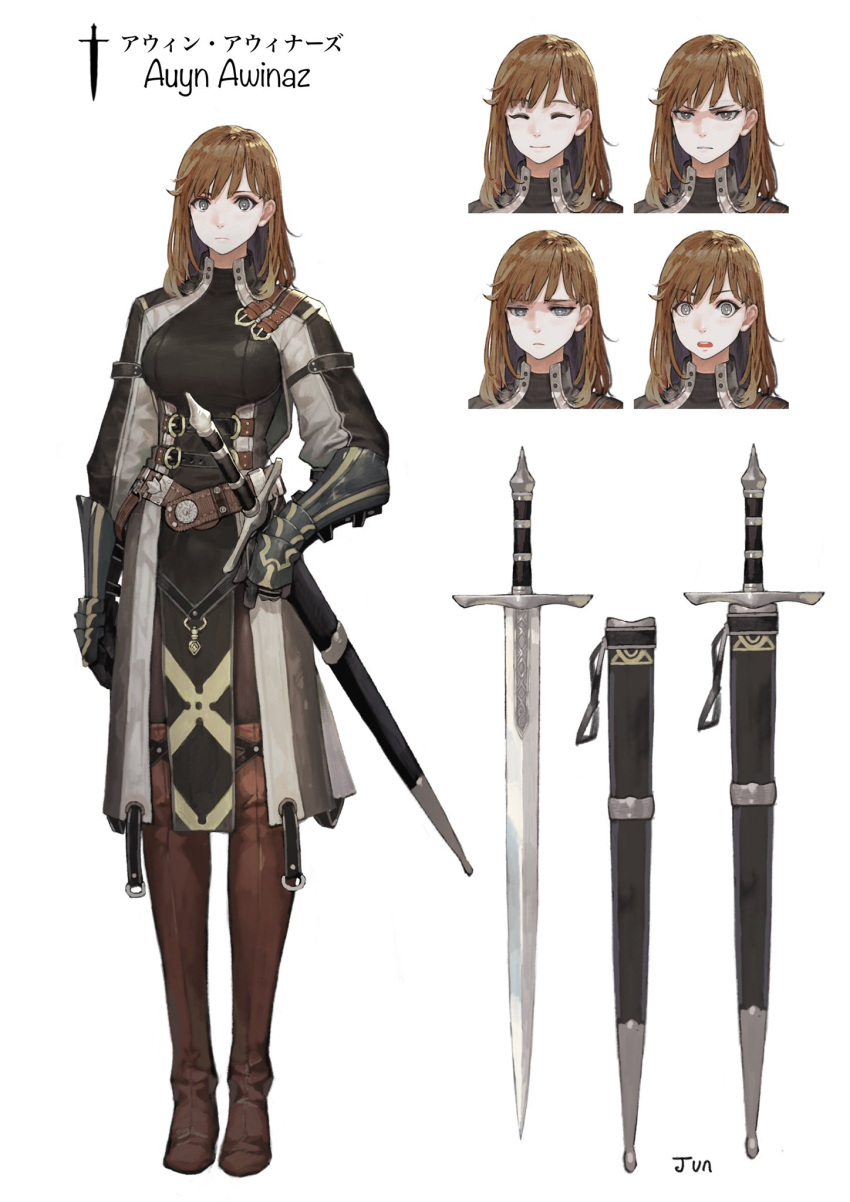 1girl bangs belt boots brown_hair expressions gauntlets gloves highres holding jun_(seojh1029) long_hair looking_at_viewer original scabbard sheath simple_background solo sword tabard thigh-highs thigh_boots translation_request weapon white_background