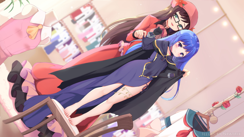2girls ascot bangs barefoot black-framed_eyewear black_cape black_gloves blue_dress blue_hair blue_sailor_collar blush brown_hair cape chair closed_mouth collarbone commission cosplay dress dutch_angle eyebrows_visible_through_hair fate/kaleid_liner_prisma_illya fate_(series) flower glasses gloves green_eyes hands_up hat highres long_hair long_sleeves medea_(cosplay) medea_(fate) multiple_girls neckerchief nyatrix on_chair original parted_lips pink_shirt red_dress red_eyes red_flower red_headwear red_neckwear red_rose rose sailor_collar shirt shirt_removed sleeveless sleeveless_shirt smile standing very_long_hair white_shirt yellow_neckwear