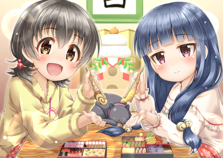 2girls :d akagi_miria animal bangs bell black_cat black_hair blue_hair blurry blurry_background blush brown_eyes cat chopsticks closed_mouth commentary_request depth_of_field drawstring dress egg_roll eyebrows_visible_through_hair feeding food frills fur-trimmed_shirt fur-trimmed_sleeves fur_trim hair_bell hair_between_eyes hair_ornament holding holding_chopsticks idolmaster idolmaster_cinderella_girls jingle_bell kotatsu long_hair long_sleeves looking_at_viewer multiple_girls open_mouth pov_feeding red_eyes regular_mow sajou_yukimi shirt smile table upper_body white_dress yellow_shirt