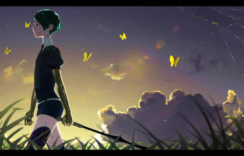 1other androgynous black_neckwear bug butterfly clouds colored_eyelashes cowboy_shot crack crystal_hair from_side gem_uniform_(houseki_no_kuni) glint golden_arms grass green_eyes green_hair highres holding holding_weapon houseki_no_kuni insect kattatsu_(aadg7828) letterboxed nature necktie outdoors phosphophyllite profile puffy_short_sleeves puffy_sleeves reverse_grip sad scenery shards short_hair short_sleeves sky solo sparkle spoilers sunset sword walking weapon yellow_butterfly