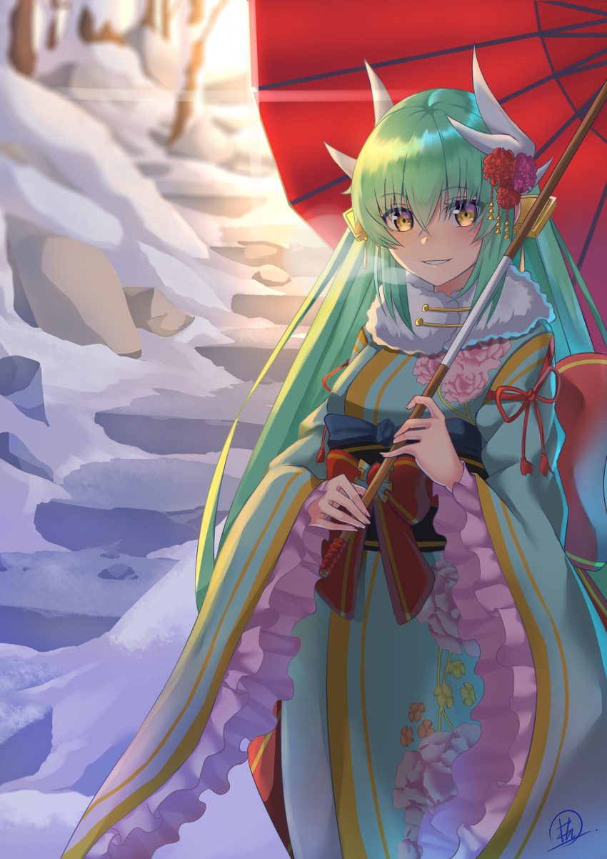 1girl absurdres aqua_hair bangs blush breasts commentary_request dragon_horns eyebrows_visible_through_hair fate/grand_order fate_(series) green_hair hair_between_eyes highres horns japanese_clothes kimono kiyohime_(fate/grand_order) large_breasts long_hair looking_at_viewer smile solo teeth vdrn1dd2gxldt3g very_long_hair yellow_eyes