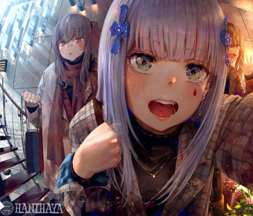3girls :o absurdres artist_name bag bangs blunt_bangs boots brown_eyes brown_hair close-up commentary_request door eyebrows_visible_through_hair facial_mark fisheye flower foreshortening girls_frontline green_eyes grey_coat grey_hair hair_flower hair_ornament hanbenp handbag highres hk416_(girls_frontline) holding holding_bag holding_purse huge_filesize lapel_pin long_hair long_sleeves looking_at_viewer multiple_girls one_side_up open_mouth outdoors pantyhose peephole plaid_coat plaid_jacket pov scar scar_across_eye scarf shopping_bag siblings silver_hair sisters twins ump45_(girls_frontline) ump9_(girls_frontline) upper_teeth waving white_coat yellow_eyes