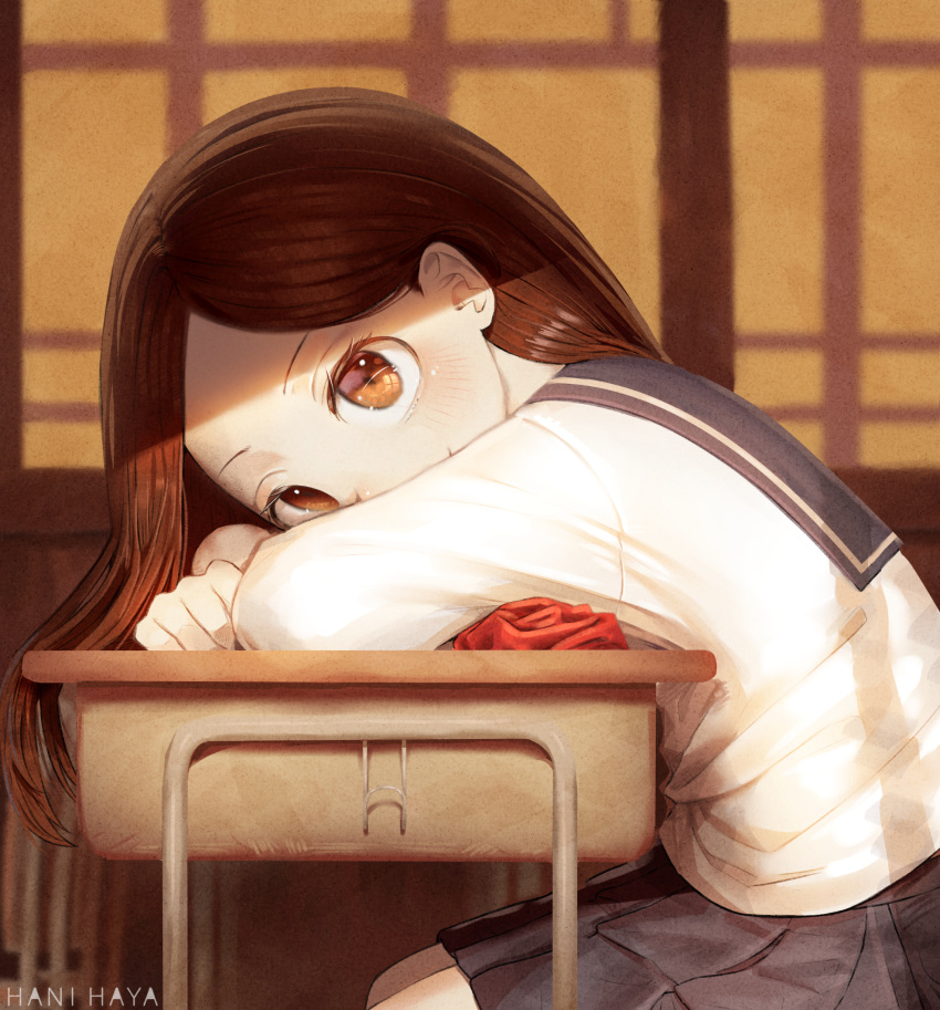 1girl artist_name black_skirt blush brown_hair chair commentary_request copyright_request desk from_side hanbenp highres long_hair school school_chair school_desk school_uniform serafuku shirt sitting skirt smile solo white_shirt