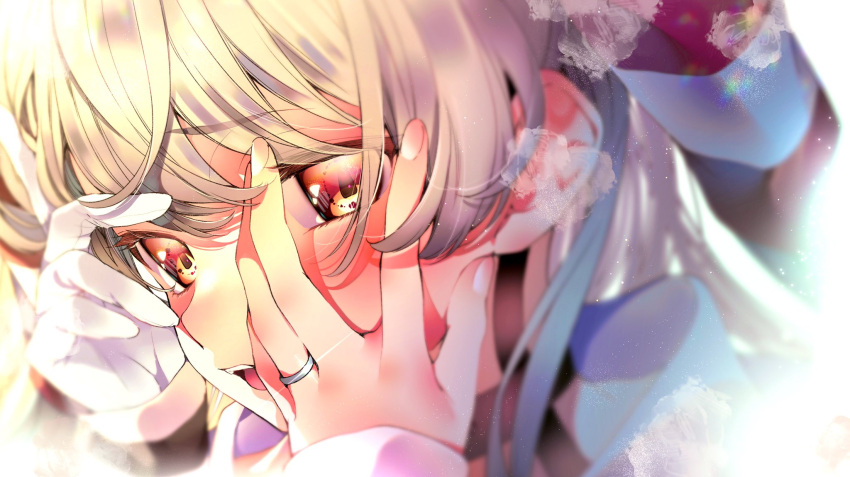 1girl amatsukaze_(kantai_collection) bangs blush close-up commentary_request eyebrows_visible_through_hair eyelashes gloves hair_tubes hand_on_own_cheek highres irokiiro jewelry kantai_collection long_hair long_sleeves multicolored multicolored_eyes open_mouth ring silver_hair single_glove smudge solo wedding_band white_gloves