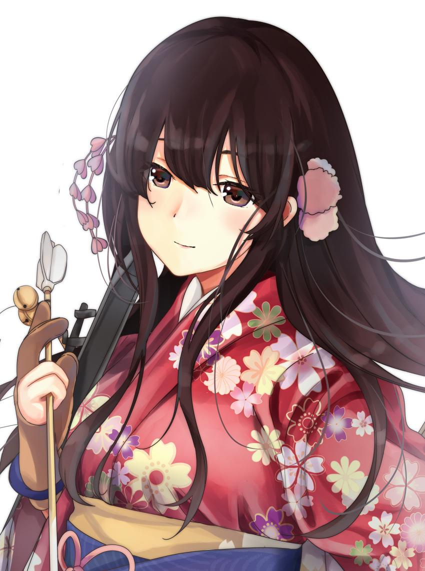1girl akagi_(kantai_collection) breasts brown_eyes brown_hair cake_no_shaberu flower gloves highres holding japanese_clothes kantai_collection long_hair looking_at_viewer single_glove smile solo straight_hair