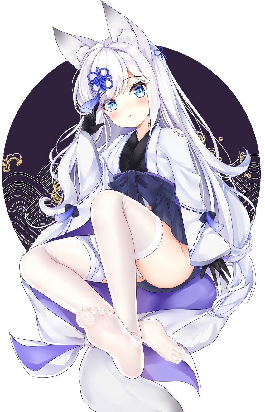 1girl absurdres animal_ear_fluff animal_ears azur_lane bandaged_leg bandages black_gloves black_kimono blue_eyes blush closed_mouth full_body gloves hair_ornament hand_up highres japanese_clothes ju_(a793391187) kasumi_(azur_lane) kimono long_hair long_sleeves looking_at_viewer no_shoes open_clothes see-through sleeves_past_wrists soles solo tail thigh-highs very_long_hair white_hair white_legwear wide_sleeves