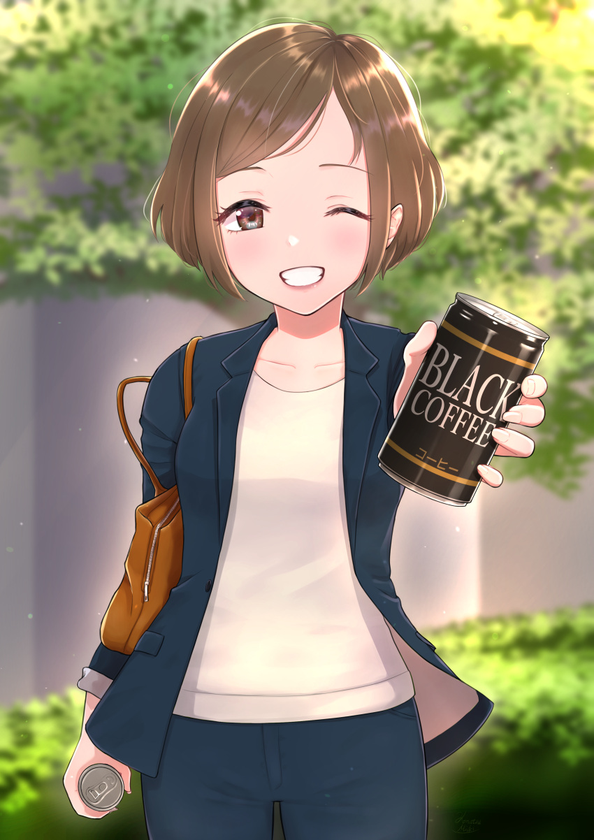 1girl ;) absurdres artist_name bag blurry blurry_background brown_eyes brown_handbag can canned_coffee formal grin handbag highres holding holding_can jacket looking_at_viewer miiki1hima office_lady one_eye_closed original pants parted_lips shirt short_hair smile solo standing suit white_shirt