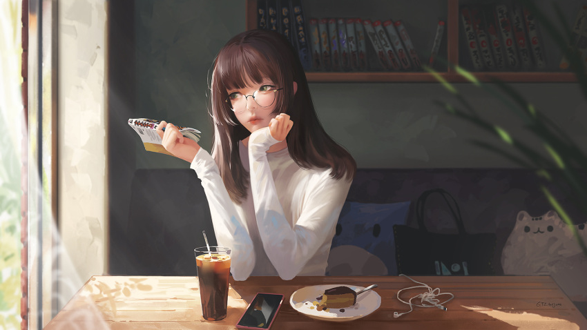 1girl bag bangs blunt_bangs blurry book bookshelf brown_hair cake cellphone couch cup curtains cushion depth_of_field drink drinking_glass drinking_straw earphones_removed english_commentary food g-tz glasses green_eyes head_rest highres holding holding_book indoors lips long_hair long_sleeves looking_away manga_(object) original phone plant plate round_eyewear shade sidelocks sideways_glance sleeves_past_wrists slice_of_cake solo spoon stuffed_animal stuffed_cat stuffed_toy sweater table white_sweater