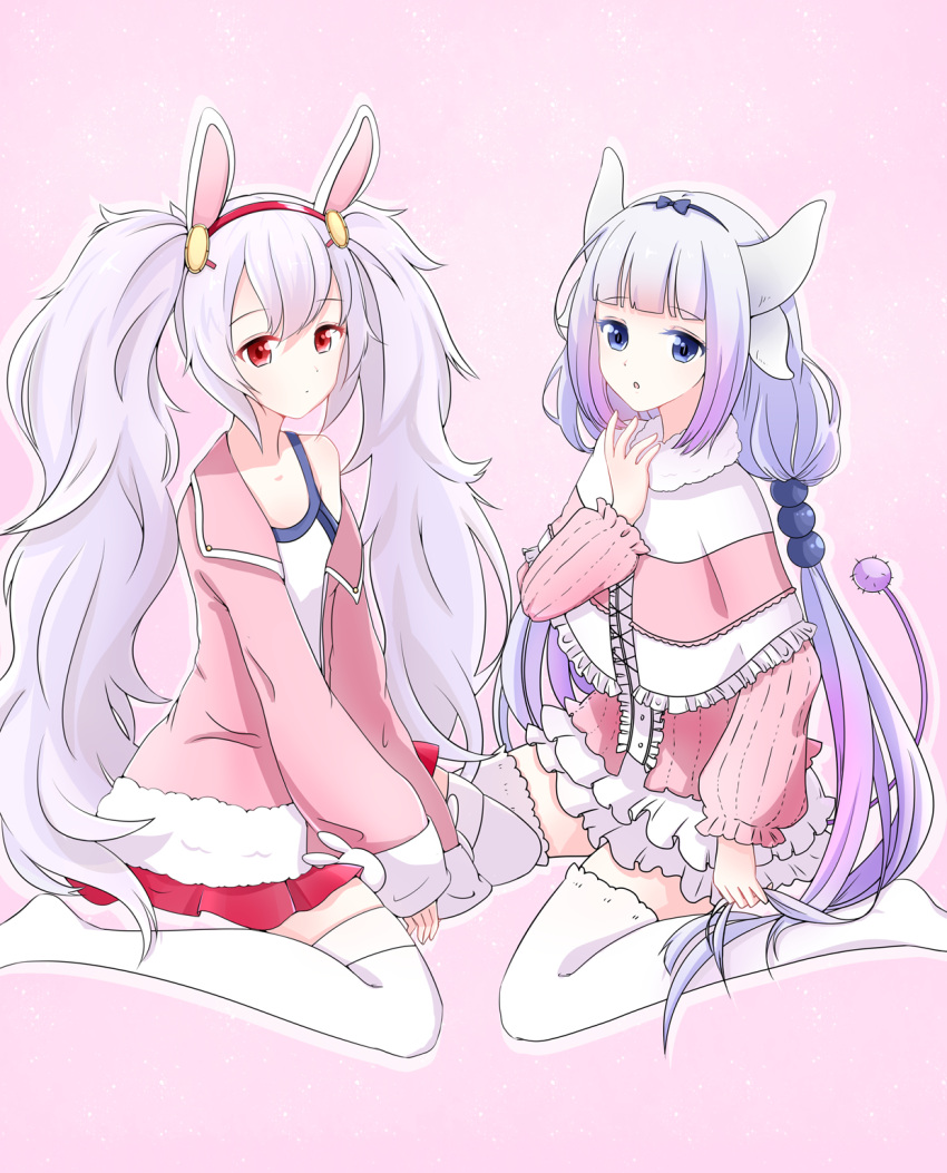 2girls akj-sw animal_ears azur_lane blue_eyes capelet chinese_commentary commentary_request dragon_girl dragon_horns eyebrows_visible_through_hair full_body fur_trim hair_bobbles hair_ornament hairband highres horns jacket kanna_kamui kobayashi-san_chi_no_maidragon laffey_(azur_lane) long_hair long_sleeves multiple_girls naganawa_maria off_shoulder open_clothes open_jacket pink_background pink_jacket purple_hair rabbit_ears red_eyes red_skirt seiyuu_connection simple_background sitting skirt tail thigh-highs twintails very_long_hair wariza white_legwear