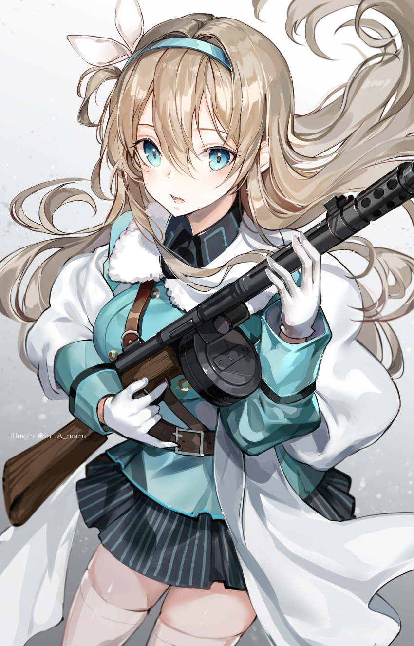 1girl absurdres artist_name bangs black_skirt blonde_hair blue_eyes breasts commentary_request girls_frontline gloves gun hair_between_eyes hairband highres holding holding_gun holding_weapon jacket large_breasts looking_at_viewer skirt solo suomi_kp31_(girls_frontline) thigh-highs unity_(ekvmsp02) weapon white_gloves white_jacket white_legwear