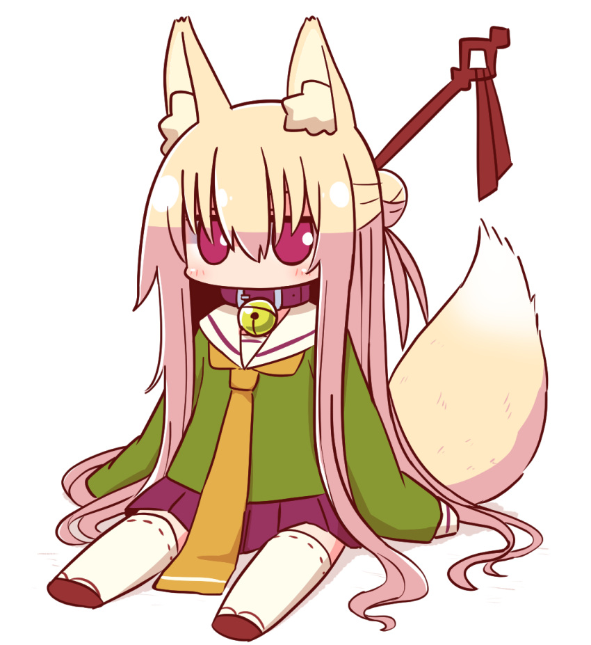 1girl alternate_hair_length alternate_hairstyle animal_ear_fluff animal_ears bangs bell bell_collar blonde_hair blush brown_collar brown_footwear collar fox_ears fox_girl fox_tail full_body green_shirt hair_between_eyes hair_bun hair_ornament highres jingle_bell kemomimi-chan_(naga_u) long_hair long_sleeves looking_at_viewer naga_u orange_neckwear original pet_collar pleated_skirt purple_skirt red_eyes ribbon-trimmed_legwear ribbon_trim sailor_collar shadow shirt sitting skirt sleeves_past_fingers sleeves_past_wrists solo tail thigh-highs very_long_hair white_background white_legwear white_sailor_collar