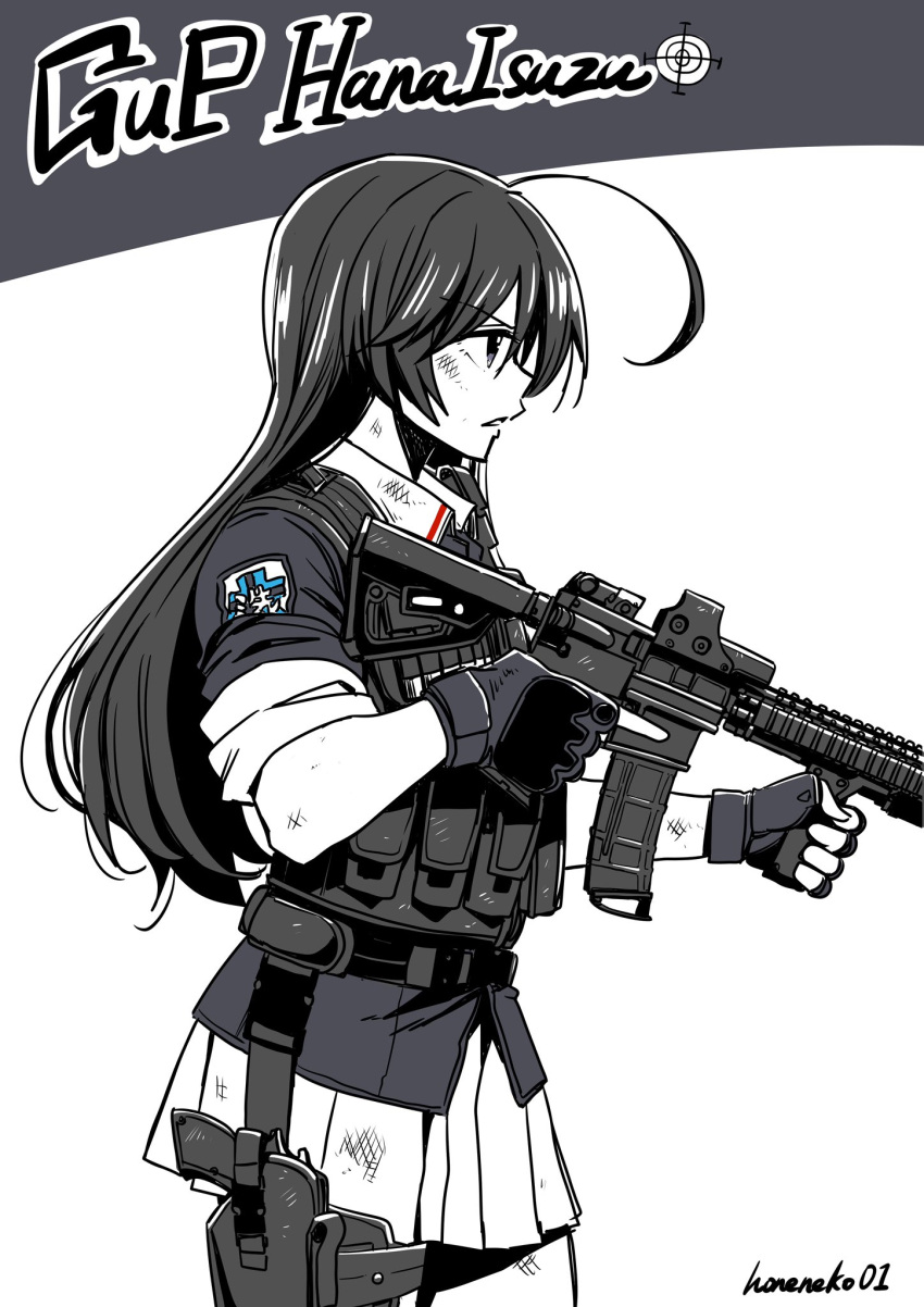 1girl ahoge artist_name assault_rifle battle_rifle dirty dirty_clothes dirty_face emblem girls_und_panzer gloves gun handgun highres holstered_weapon hone_(honehone083) isuzu_hana jacket load_bearing_vest long_hair long_sleeves military military_operator military_uniform ooarai_military_uniform pleated_skirt rifle skirt solo trigger_discipline uniform weapon white_background