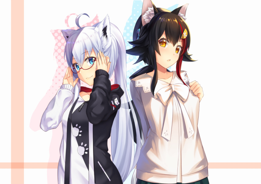 2girls ahoge alternate_costume alternate_hairstyle animal_ear_fluff animal_ears arms_up bangs bespectacled black_hair blue_eyes bow casual collarbone commentary_request drawstring extra_ears eyebrows_visible_through_hair fox_ears fox_girl glasses green_skirt hair_ribbon holding holding_eyewear hololive hood hood_down hoodie hyui_cf2 jacket long_hair looking_at_another multicolored_hair multiple_girls ookami_mio open_mouth paw_print polka_dot_shadow red-framed_eyewear redhead ribbon shadow shirakami_fubuki sidelocks skirt smile streaked_hair upper_body very_long_hair virtual_youtuber white_bow white_hair white_jacket wolf_girl