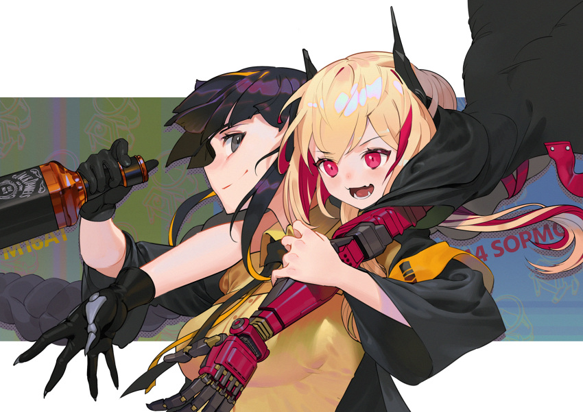 2girls alcohol bangs black_gloves black_neckwear blonde_hair bottle breasts brown_hair buttons character_name closed_mouth collared_shirt commentary english_commentary eyebrows_visible_through_hair fangs girls_frontline gloves grey_eyes highres holding holding_bottle hug hug_from_behind jack_daniel's jacket kyma_curry liquor looking_at_another m16a1_(girls_frontline) m4_sopmod_ii_(girls_frontline) mechanical_arm medium_breasts multicolored_hair multiple_girls necktie open_mouth red_eyes shirt sidelocks skin_fangs smile streaked_hair whiskey yellow_shirt