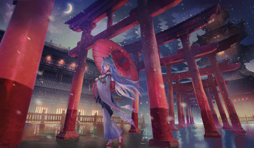 1girl animal_ears back_bow bare_shoulders bow breasts building clouds cloudy_sky commentary_request crescent_moon denki floating_hair grey_kimono holding holding_umbrella japanese_clothes kimono lantern long_hair long_sleeves looking_at_viewer medium_breasts moon multicolored_hair night night_sky oriental_umbrella original outdoors parted_lips red_bow red_eyes red_footwear red_umbrella redhead silver_hair sky solo streaked_hair torii umbrella very_long_hair walking wide_sleeves
