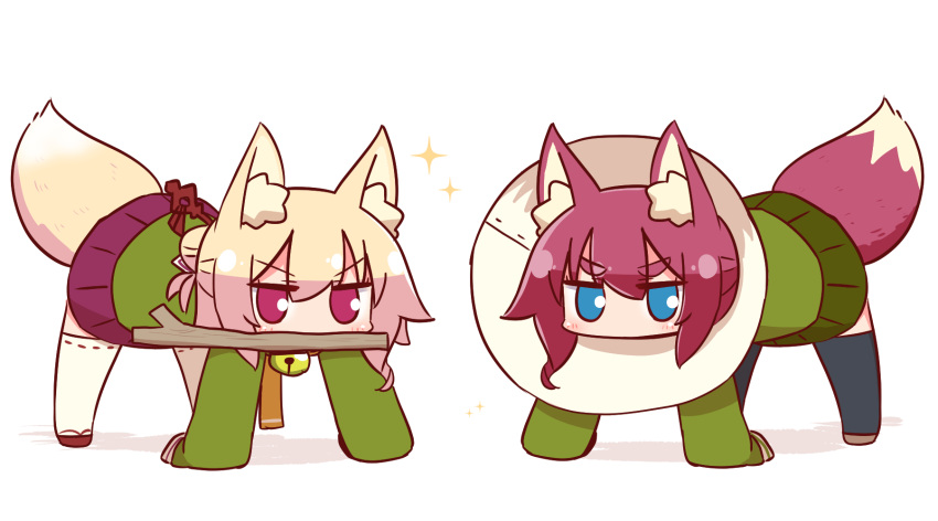 2girls all_fours animal_ear_fluff animal_ears bangs black_legwear blonde_hair blue_eyes blush brown_footwear elizabethan_collar eyebrows_visible_through_hair fox_ears fox_girl fox_tail green_shirt green_skirt hair_between_eyes hair_bun hair_ornament highres kemomimi-chan_(naga_u) long_hair long_sleeves looking_at_viewer mouth_hold multiple_girls naga_u original pleated_skirt purple_skirt red_eyes redhead ribbon-trimmed_legwear ribbon_trim shadow shirt skirt sleeves_past_fingers sleeves_past_wrists sparkle stick tail thick_eyebrows v-shaped_eyebrows white_background white_legwear