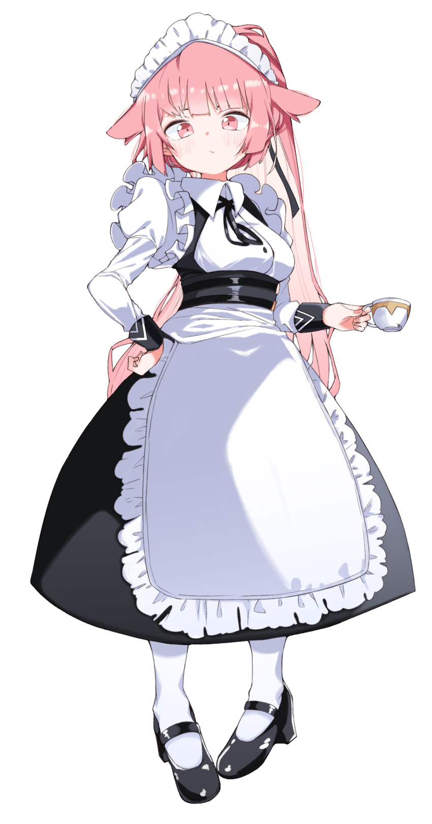 1girl animal_ears apron bangs black_dress black_footwear blush breasts closed_mouth commentary cup dress eyebrows_behind_hair frilled_apron frills girls_frontline hand_on_hip highres holding holding_cup juliet_sleeves long_hair long_sleeves maid maid_headdress mary_janes medium_breasts ntw-20_(girls_frontline) pantyhose pink_hair puffy_sleeves red_eyes shirt shoes simple_background sleeveless sleeveless_dress solo tosyeo very_long_hair white_apron white_background white_legwear white_shirt