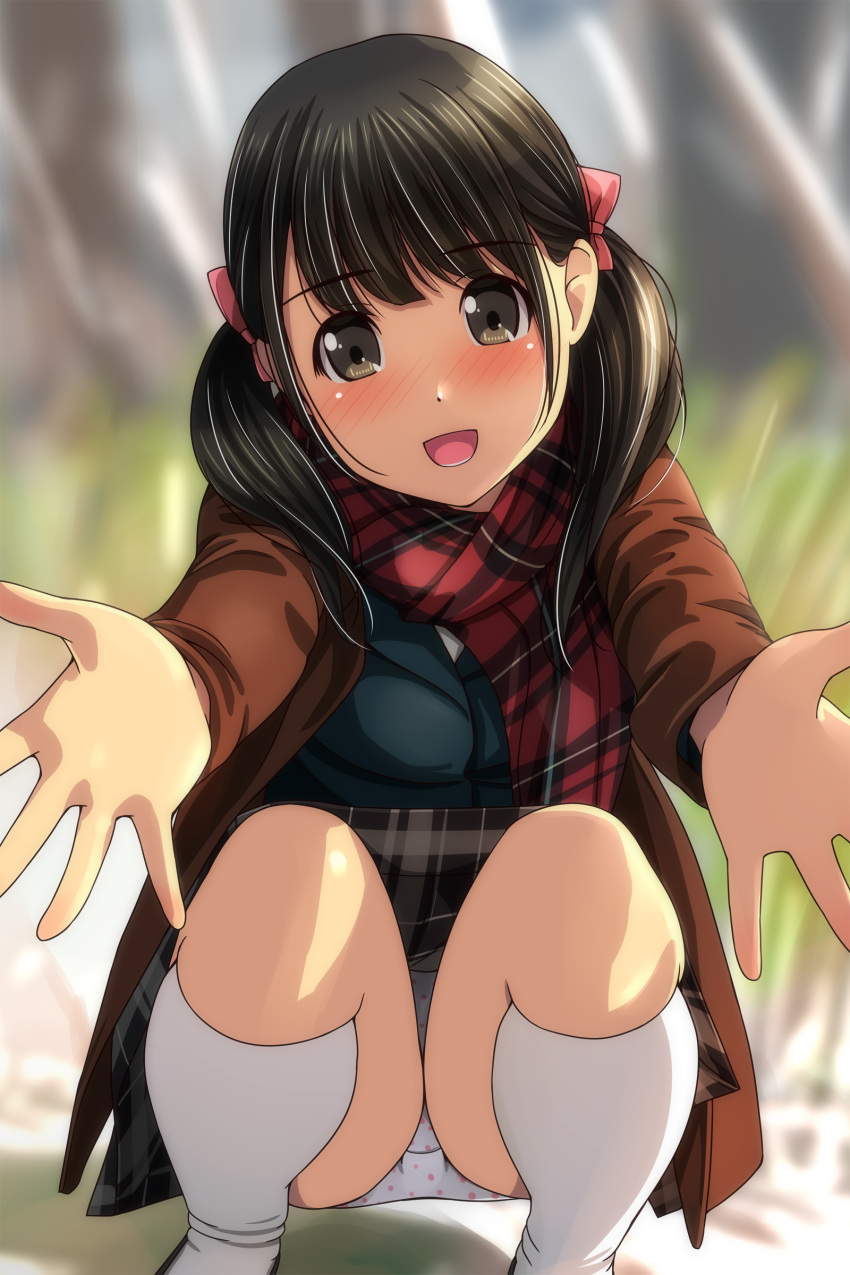 1girl :d absurdres bangs black_footwear black_hair black_skirt blue_jacket blurry blurry_background blush bow brown_eyes brown_jacket day depth_of_field eyebrows_visible_through_hair feet_out_of_frame hair_bow highres jacket kneehighs long_hair long_sleeves looking_at_viewer matsunaga_kouyou nose_blush open_clothes open_jacket open_mouth original outdoors outstretched_arms panties pink_bow plaid plaid_scarf plaid_skirt polka_dot polka_dot_panties red_scarf scarf skirt smile solo squatting twintails underwear white_legwear white_panties