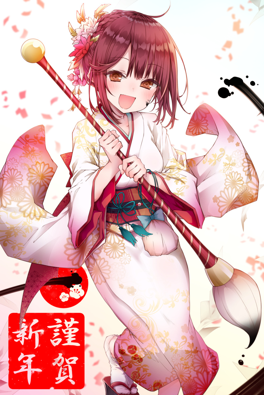 alt atelier_(series) atelier_sophie blush brown_eyes brown_hair commentary_request eyebrows_visible_through_hair fang floral_print flower hair_between_eyes hair_flower hair_ornament hair_up highres holding_brush ink japanese_clothes kimono long_sleeves looking_at_viewer new_year obi open_mouth pouch sash short_hair sidelocks sophie_neuenmuller white_kimono wide_sleeves
