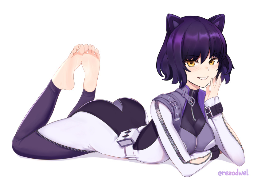 1girl absurdres animal_ears ass barefoot belt black_hair black_pants blake_belladonna breasts cat_ears coattails feet full_body highres jacket looking_at_viewer lying medium_breasts on_stomach pants parted_lips purple_hair rezodwel rwby short_hair simple_background soles solo twitter_username white_background yellow_eyes zipper