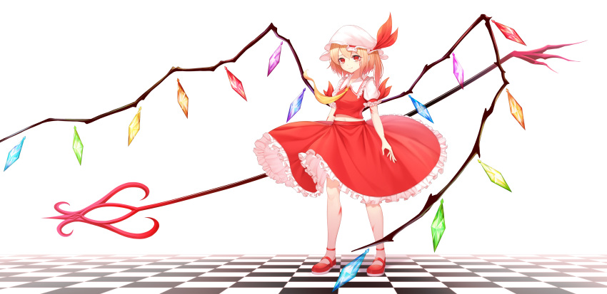 1girl absurdres ascot bangs bat_wings blonde_hair commentary_request crystal dress flandre_scarlet frilled_shirt frilled_shirt_collar frilled_skirt frilled_sleeves frills hat hat_ribbon highres ju-ok looking_at_viewer mob_cap one_side_up puffy_short_sleeves puffy_sleeves red_eyes red_ribbon red_skirt red_vest ribbon shirt short_hair short_sleeves side_ponytail skirt smile solo touhou vest white_shirt wings yellow_neckwear