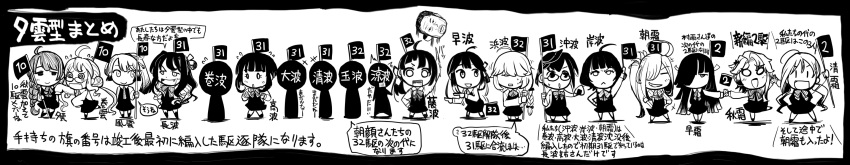 6+girls ahoge akishimo_(kantai_collection) asashimo_(kantai_collection) chibi commentary_request flag flying_sweatdrops fujinami_(kantai_collection) fujinami_tatsumi glasses greyscale hamanami_(kantai_collection) hayanami_(kantai_collection) hayashimo_(kantai_collection) highres kantai_collection kazagumo_(kantai_collection) kishinami_(kantai_collection) kiyoshimo_(kantai_collection) long_hair long_image makigumo_(kantai_collection) monochrome multiple_girls naganami_(kantai_collection) o_o okinami_(kantai_collection) partially_translated ponytail real_life sakazaki_freddy school_uniform short_hair smile takanami_(kantai_collection) translation_request wide_image yuugumo_(kantai_collection)