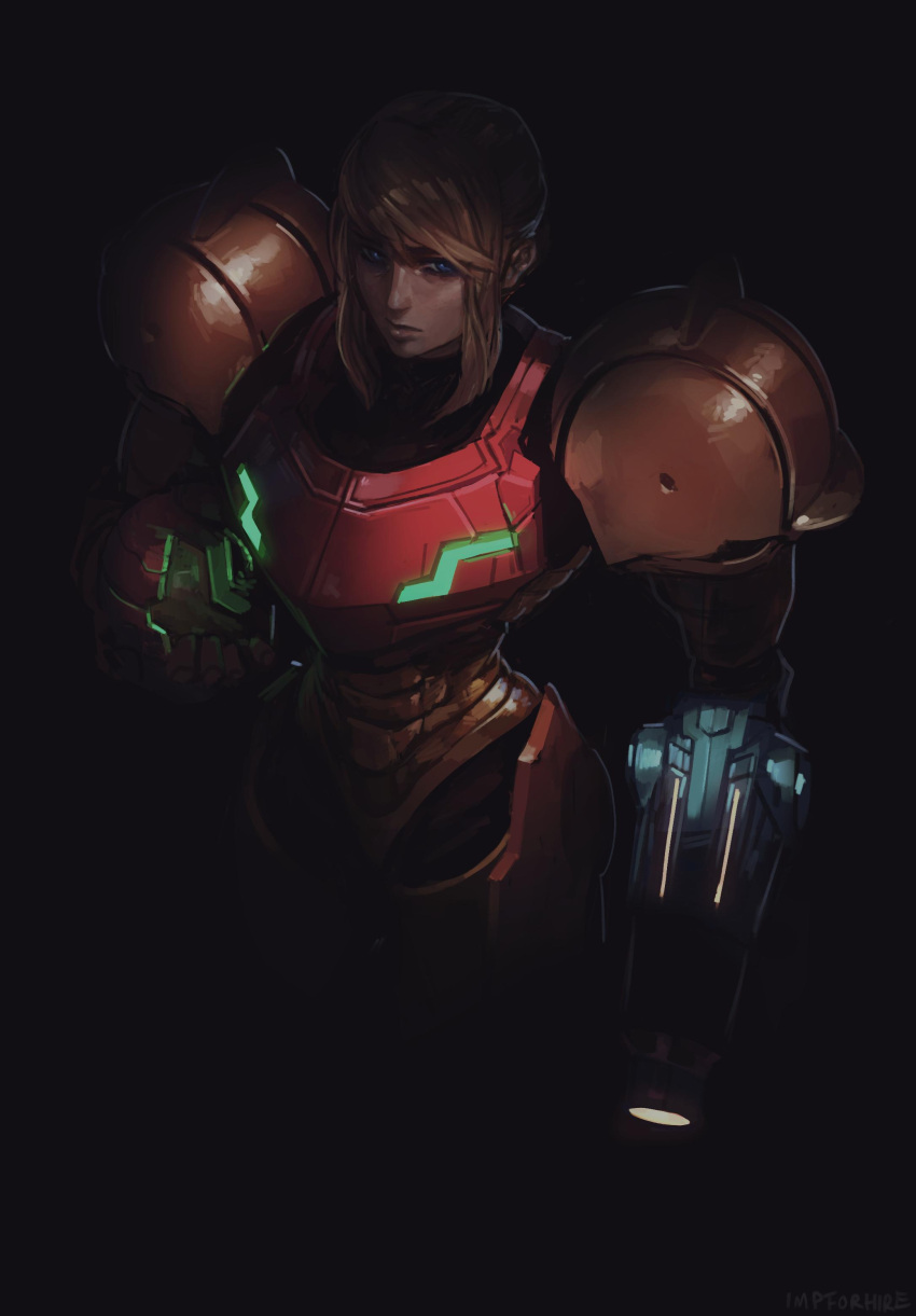 1girl absurdres arm_cannon bags_under_eyes blonde_hair blue_eyes grimsby headwear_removed helmet helmet_removed highres holding holding_helmet long_hair metroid neon_trim pauldrons power_suit samus_aran shadow sidelocks solo varia_suit weapon