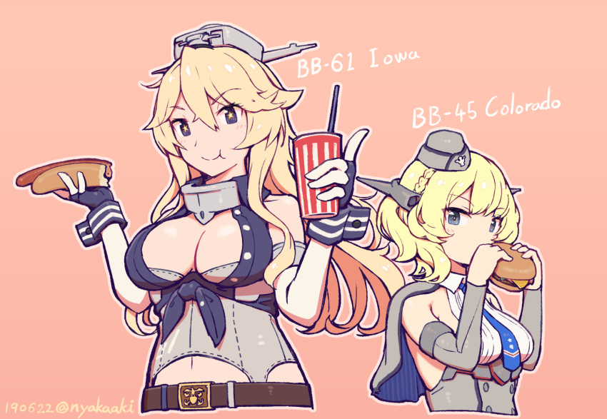 2girls bare_shoulders belt belt_buckle blonde_hair blue_gloves blue_neckwear braid breasts buckle capelet character_name colorado_(kantai_collection) cup dated detached_sleeves drinking_straw elbow_gloves fingerless_gloves food garrison_cap gloves grey_eyes hamburger hat headgear hot_dog iowa_(kantai_collection) kantai_collection large_breasts long_hair multiple_girls nakaaki_masashi necktie orange_background short_hair simple_background smile star star-shaped_pupils symbol-shaped_pupils upper_body wrist_cuffs