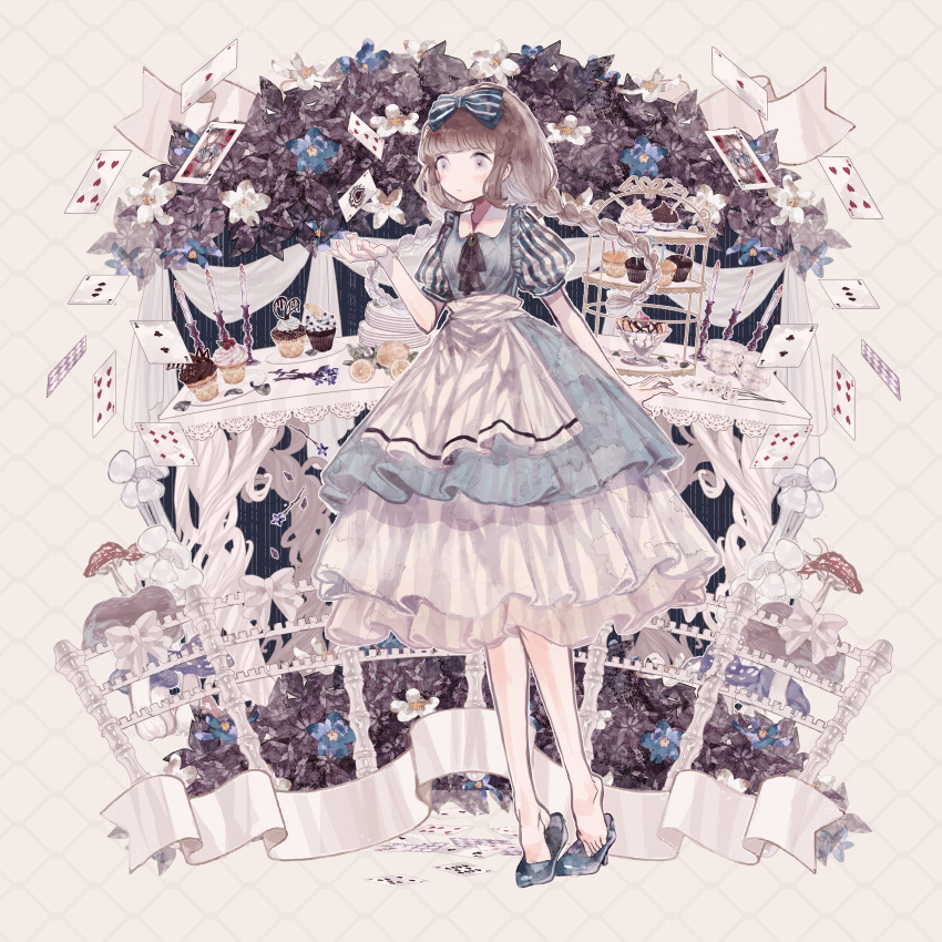 1girl absurdres ace_of_hearts alice_(wonderland) alice_in_wonderland bangs bare_legs blue_eyes blunt_bangs blush brown_hair candle card cupcake dress expressionless flower fly_agaric food fruit highres huge_filesize juliet_sleeves lace lemon long_sleeves mushroom pale_color plate_stack puffy_sleeves queen_of_spades shoes solo standing supika table tiptoes twintails waitress