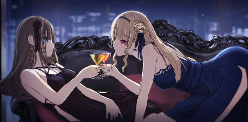 2girls bare_arms bare_shoulders black_dress black_flower black_hairband black_rose blue_dress blue_eyes blue_ribbon breasts brown_hair closed_mouth cocktail_glass couch cup dress drinking_glass earrings eye_contact flower hair_bun hair_flower hair_ornament hair_ribbon hairband highres holding holding_cup jewelry light_brown_hair long_hair looking_at_another missile228 multiple_girls on_couch original pillow red_eyes ribbon rose side_bun sleeveless sleeveless_dress small_breasts smile stud_earrings toast_(gesture) yuri